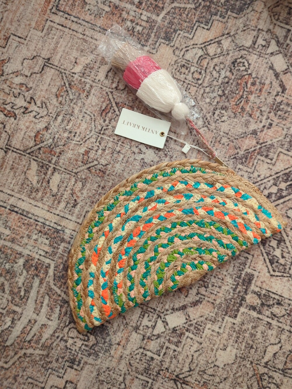 Antik Kraft Chindi Moon Woven Clutch Bag Bohemian Handcrafted Jute Tassel